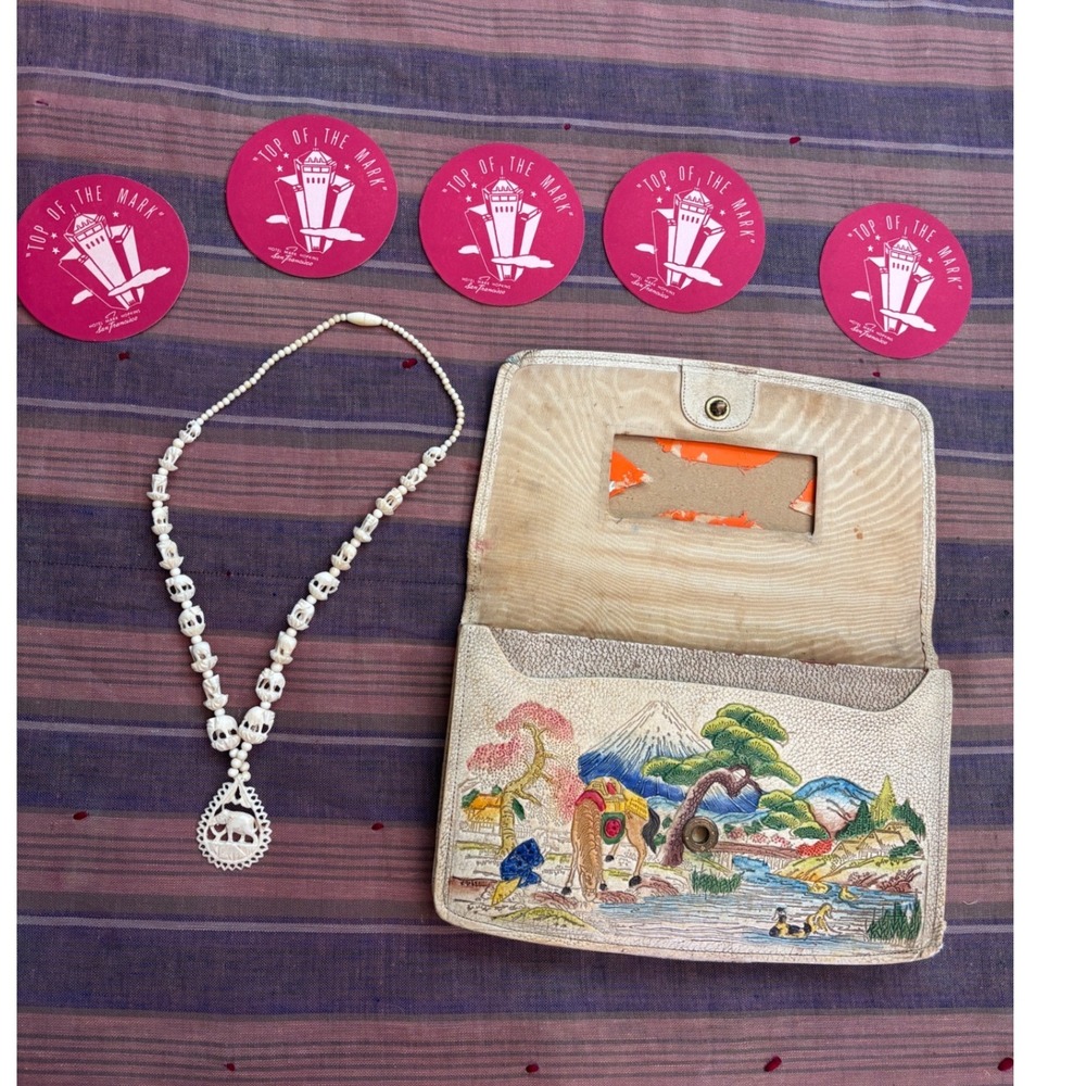 Vintage 30s Japanese Leather Clutch Elephant Necklace & Top of the Mark Coasters